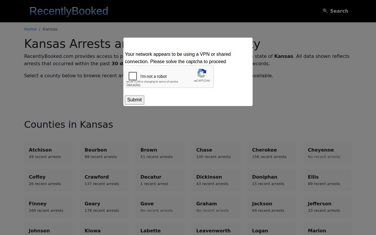 Unofficial Kansas mugshot index with no Rush County booking section